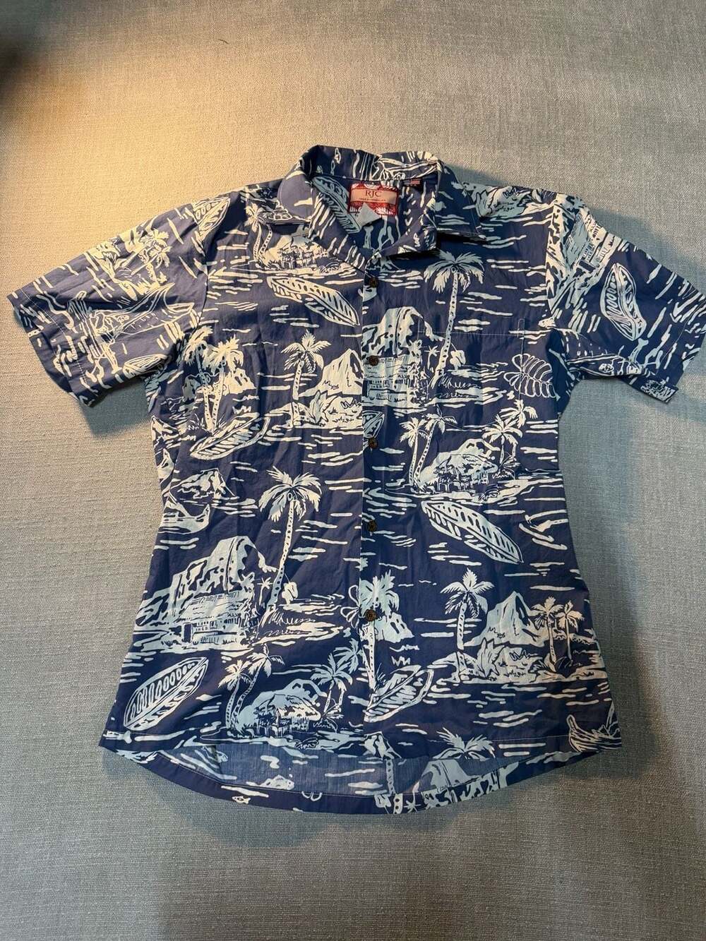 RJC Hawaiian Shirt Style 102C Blue Tropical Surf Palm Tree Pattern